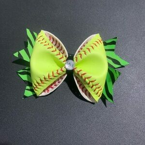 Handmade Softball Hair Bow with Green and Black Accents